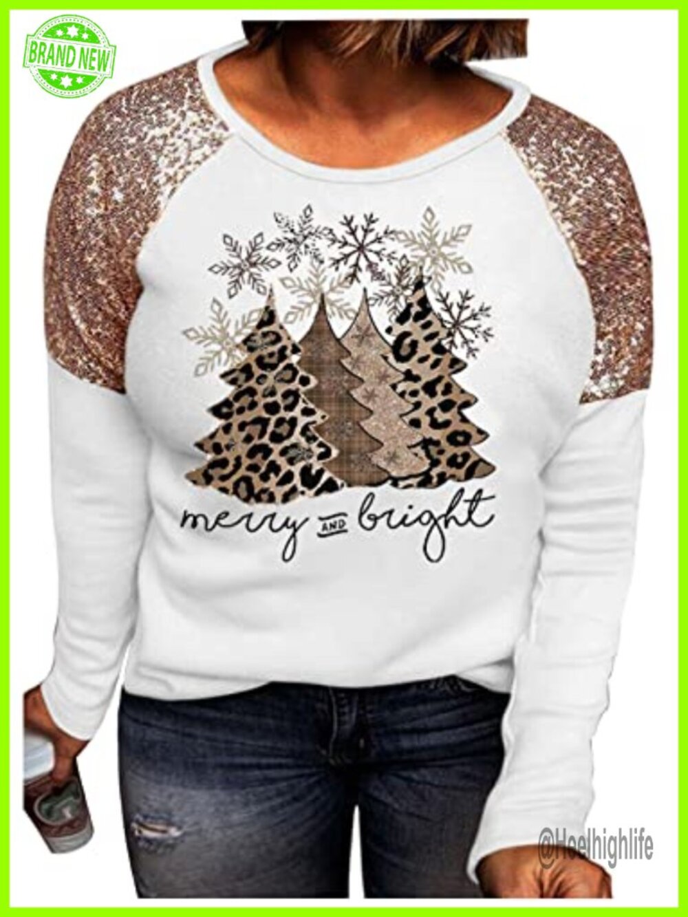 Plus Size Merry Bright Christmas T-Shirt Leopard Tree Sequined Splicing Top